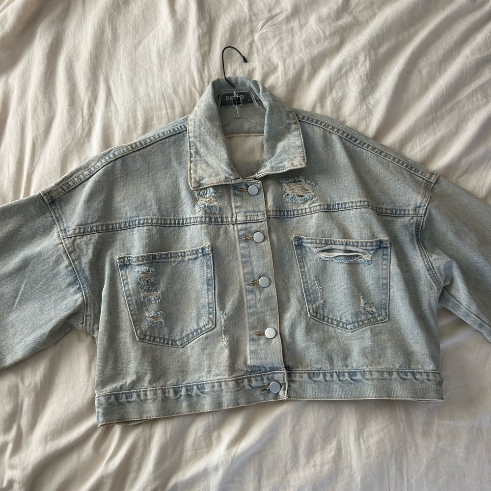 Rhinestone cropped Light Blue Denim Jacket